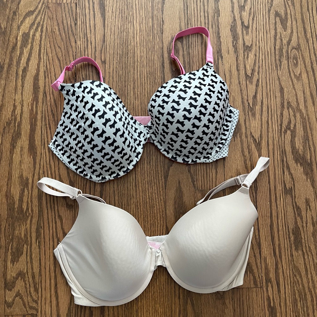 Victoria’s Secret Perfect Coverage Bras 36dd Lot Of 2 Beige & Black Polka Dot